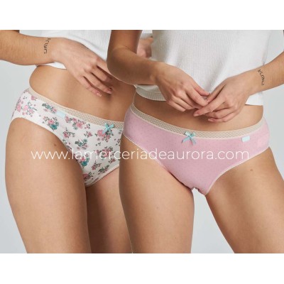 Braga midi mujer algodón Flores marfil-topos (pack 2 uds)...