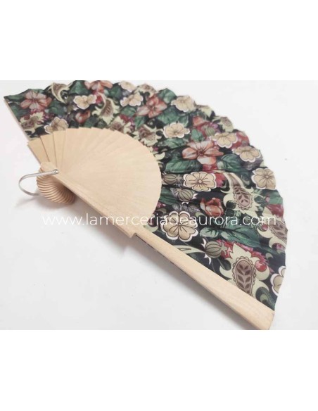 Abanico de madera natural y tela "Jardín de cachemira negro"