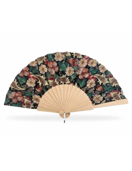 Abanico de madera natural y tela "Jardín de cachemira negro"