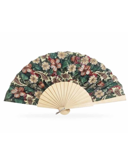 Abanico de madera natural y tela "Jardín de cachemira verde"