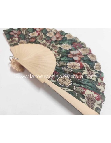 Abanico de madera natural y tela "Jardín de cachemira verde"