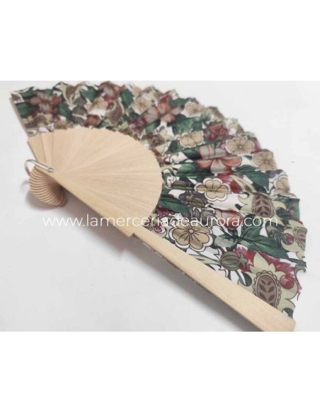 Abanico de madera natural y tela "Jardín de cachemira blanco"