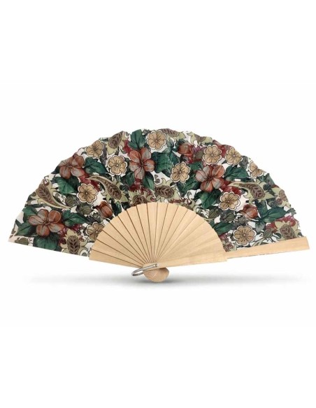 Abanico de madera natural y tela "Jardín de cachemira blanco"