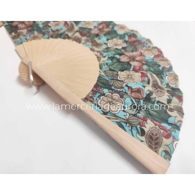 Abanico de madera natural y tela "Jardín de cachemira turquesa" 2