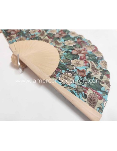 Abanico de madera natural y tela "Jardín de cachemira turquesa"