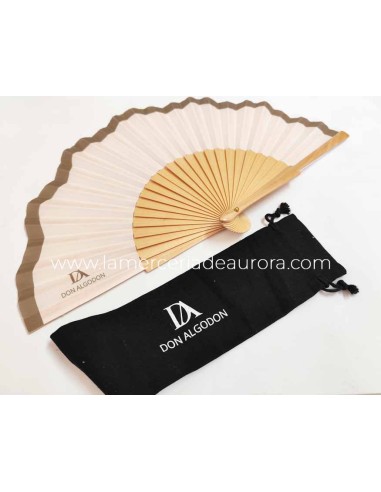 Abanico madera y tela ondulada + funda "Crema y...
