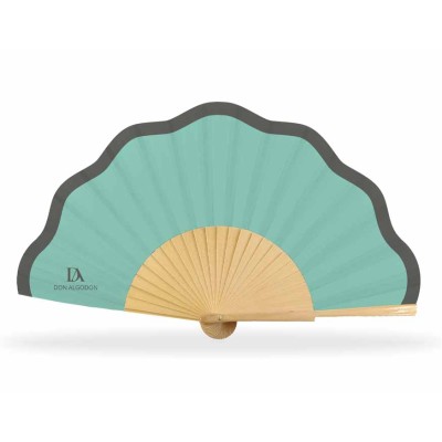 Abanico madera y tela ondulada + funda "Verde menta y gris oscuro" de Don Algodón