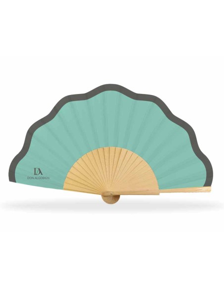 Abanico madera y tela ondulada + funda "Verde menta y gris oscuro" de Don Algodón