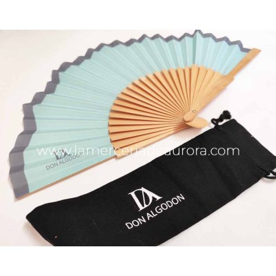 Abanico madera y tela ondulada + funda "Verde menta y gris oscuro" de Don Algodón 2