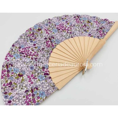 Abanico de madera natural y tela "Liberty lavanda" 2