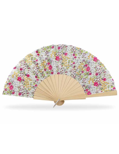 Abanico de madera natural y tela Liberty rosaleda dorada de Cuatrogotas