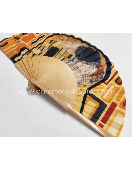 Abanico de madera natural y tela "El Beso de Klimt" de Cuatrogotas