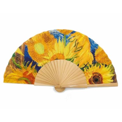 Abanico de madera natural y tela "Los Girasoles de Van Gogh" de Cuatrogotas