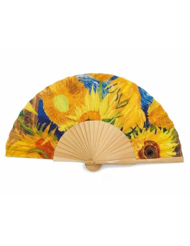 Abanico de madera natural y tela "Los Girasoles de Van Gogh" de Cuatrogotas