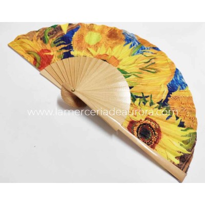 Abanico de madera natural y tela "Los Girasoles de Van Gogh" de Cuatrogotas 2
