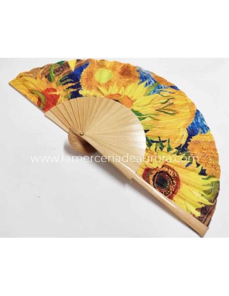 Abanico de madera natural y tela "Los Girasoles de Van Gogh" de Cuatrogotas