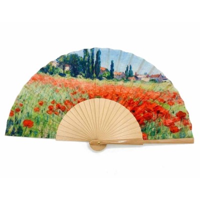 Abanico de madera natural y tela "Campos de amapolas cerca de Argenteuil de Claude Monet" de Cuatrogotas