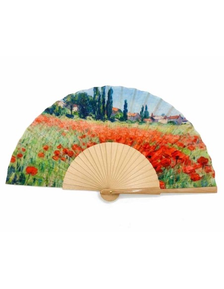 Abanico de madera natural y tela "Campos de amapolas cerca de Argenteuil de Claude Monet" de Cuatrogotas