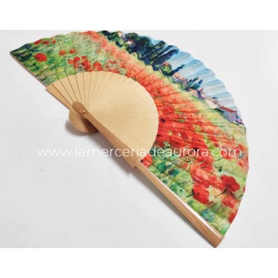 Abanico de madera natural y tela "Campos de amapolas cerca de Argenteuil de Claude Monet" de Cuatrogotas 2