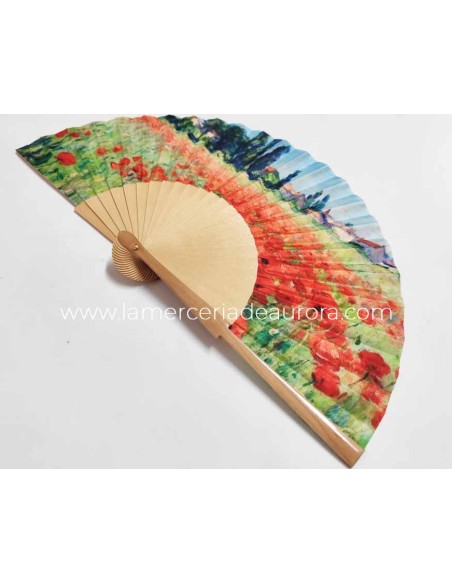 Abanico de madera natural y tela "Campos de amapolas cerca de Argenteuil de Claude Monet" de Cuatrogotas