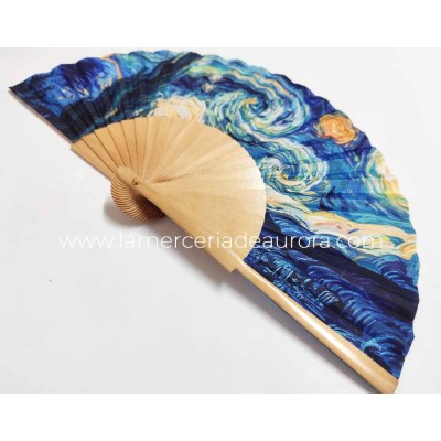 Abanico de madera natural y tela "La noche estrellada de Van Gogh" de Cuatrogotas 2