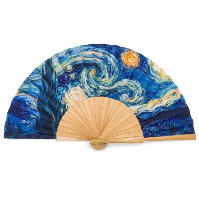 Abanico de madera natural y tela "La noche estrellada de Van Gogh" de Cuatrogotas