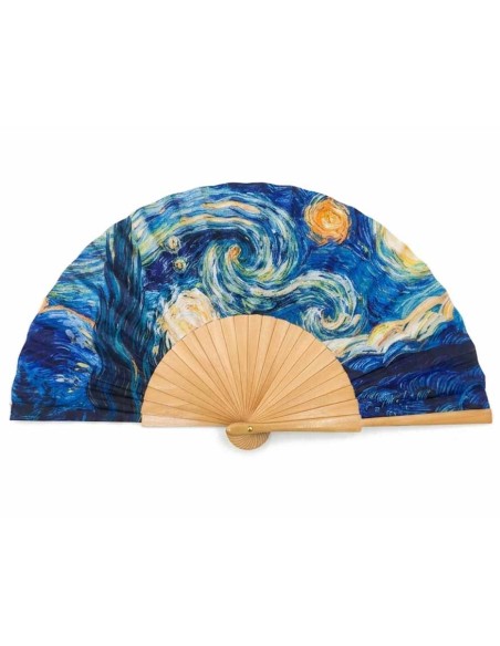 Abanico de madera natural y tela "La noche estrellada de Van Gogh" de Cuatrogotas