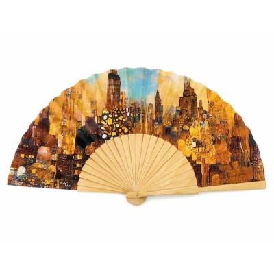 Abanico de madera y tela "Paisaje urbano de Klimt" de...