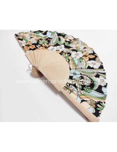Abanico de madera natural y tela "Boho chic...