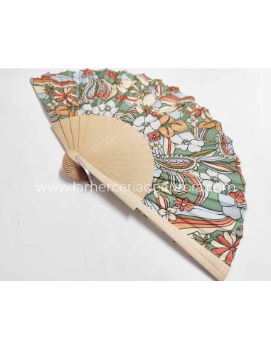 Abanico de madera natural y tela "Boho chic verde" de Cuatrogotas