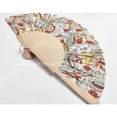 Abanico de madera natural y tela "Boho chic beige" de Cuatrogotas 2
