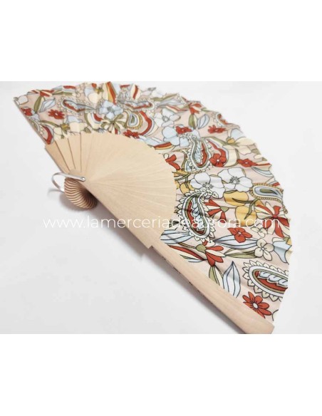 Abanico de madera natural y tela "Boho chic beige" de Cuatrogotas