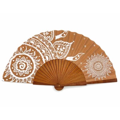 Abanico de madera y tela algodón "Mandalas camel" de Cuatrogotas