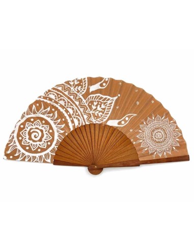 Abanico de madera y tela algodón "Mandalas camel" de Cuatrogotas