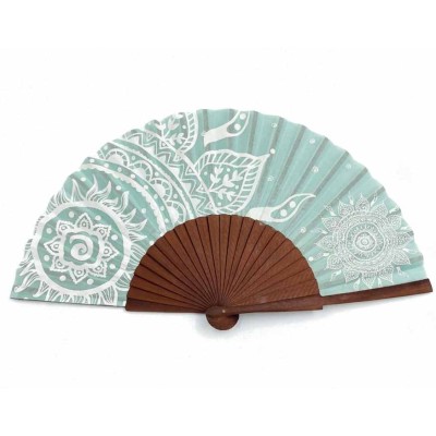 Abanico de madera y tela algodón "Mandalas verde" de Cuatrogotas