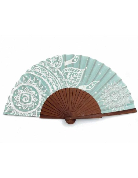 Abanico de madera y tela algodón "Mandalas verde" de Cuatrogotas