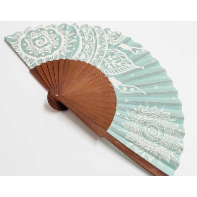 Abanico de madera y tela algodón "Mandalas verde" de Cuatrogotas 2