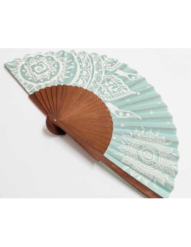 Abanico de madera y tela algodón "Mandalas verde" de Cuatrogotas - DETALLE