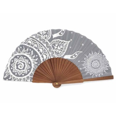 Abanico de madera y tela algodón "Mandalas gris" de Cuatrogotas