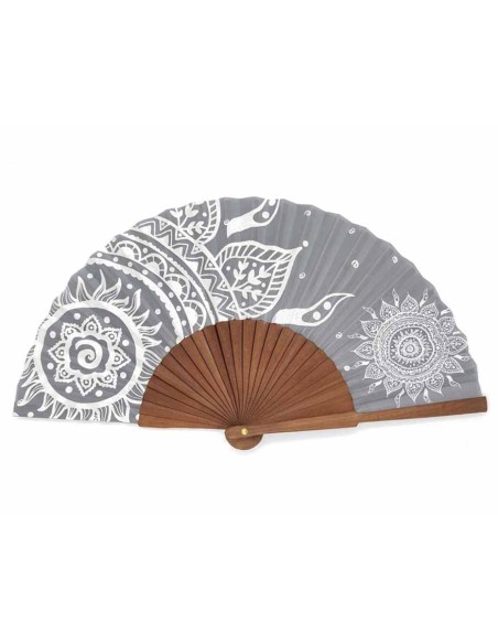 Abanico de madera y tela algodón "Mandalas gris" de Cuatrogotas