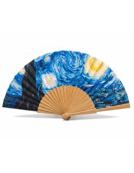 Abanico madera y tela "El noche estrellada de Van Gogh" de Cuatrogotas