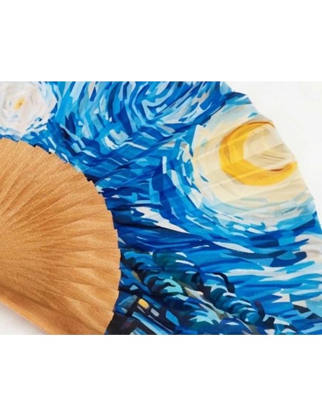 Abanico madera y tela "El noche estrellada de Van Gogh" de Cuatrogotas - DETALLE