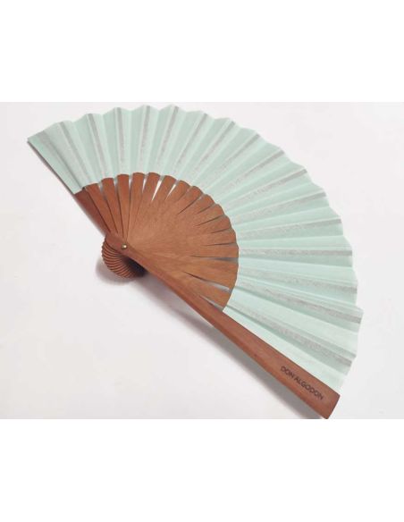 Abanico madera peral y tela algodón (19 cm) + funda "Verde agua" de Don Algodón