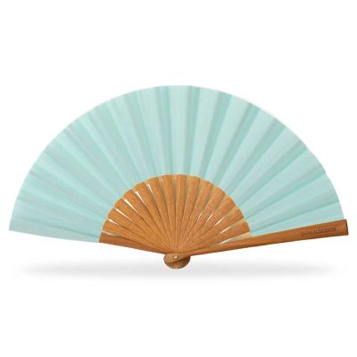 Abanico madera peral y tela algodón (19 cm) + funda "Verde agua" de Don Algodón