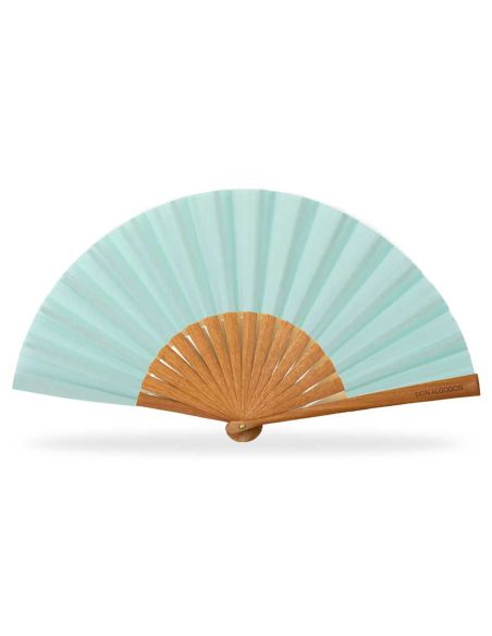 Abanico madera peral y tela algodón (19 cm) + funda "Verde agua" de Don Algodón