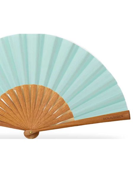 Abanico madera peral y tela algodón (19 cm) + funda "Verde agua" de Don Algodón