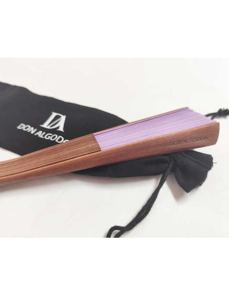 Abanico madera peral y tela algodón "Lila" (19 cm) + funda de Don Algodón
