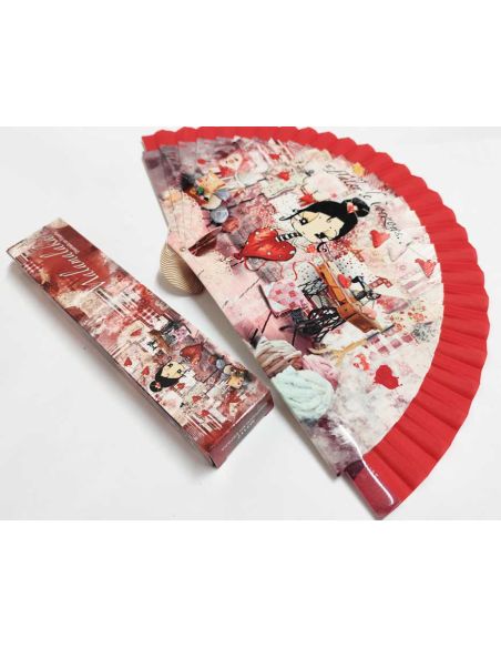 Abanico madera con caja "Taller de corazones" rojo de Malamalaka