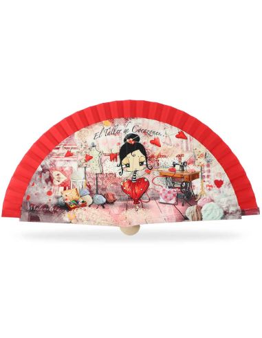 Abanico madera con caja "Taller de corazones" rojo de Malamalaka